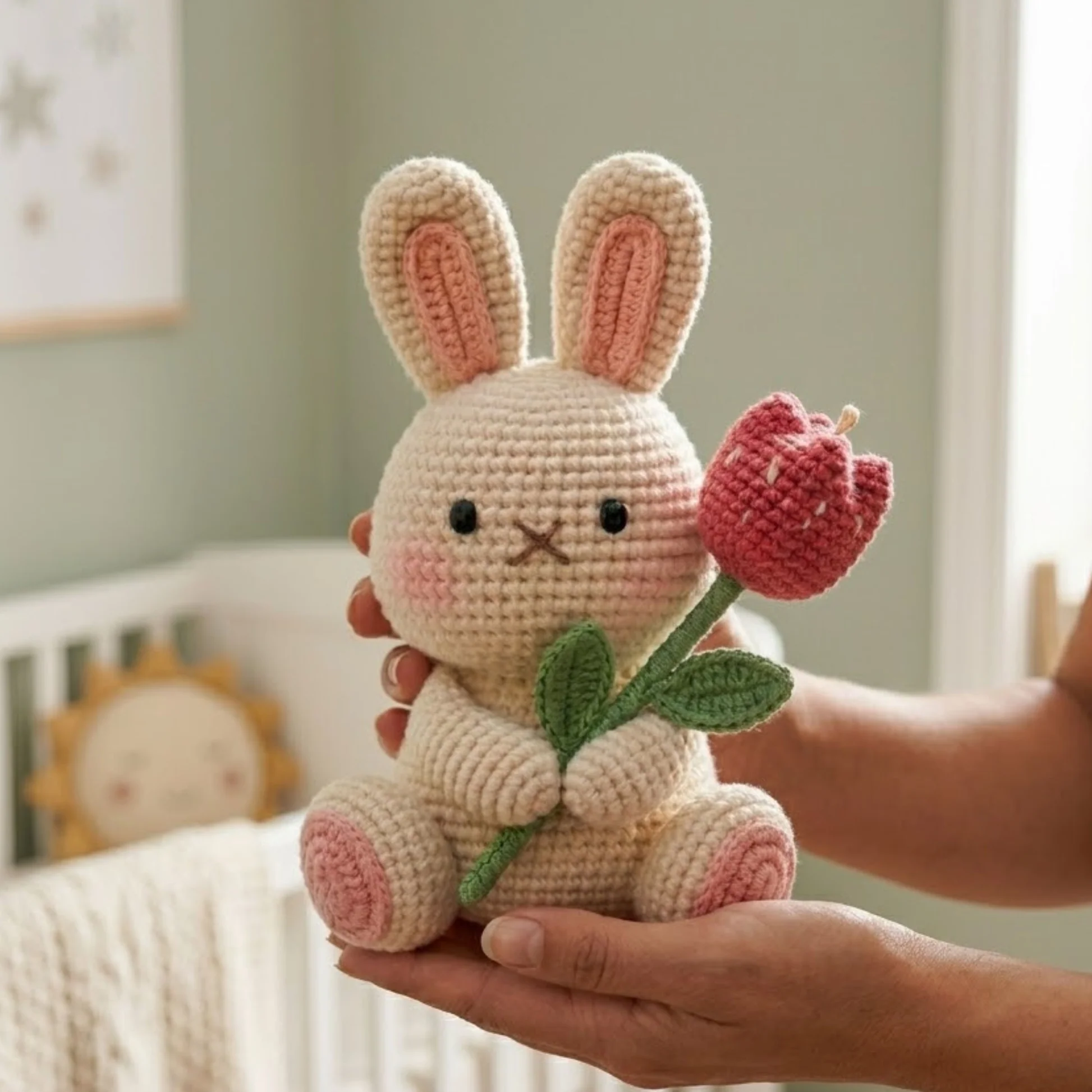 Handmade Crochet Bunny with Tulip - Image 3