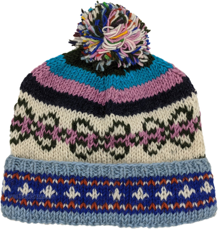Handmade Multicolor Pattern Knit Pom Pom Beanie