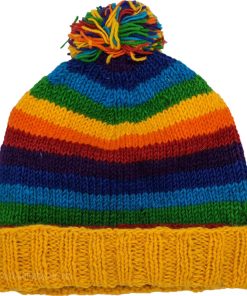 Handmade Rainbow Stripe Knit Pom Pom Beanie