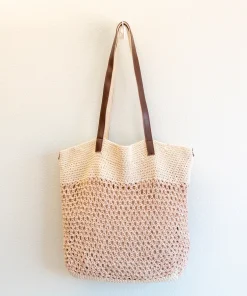 Handmade Crochet Mesh Tote Bag with Leather Handles