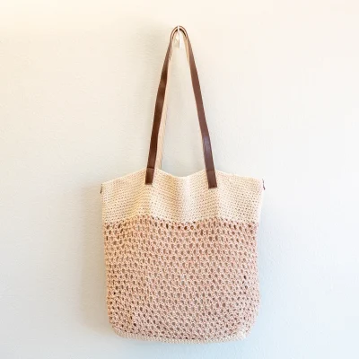 Handmade Crochet Mesh Tote Bag with Leather Handles