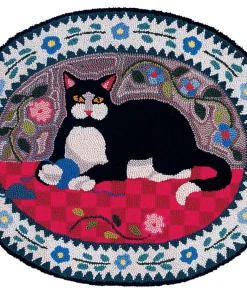 Handmade Sleeping Cat Floral Rug