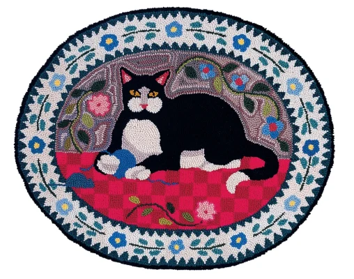 Handmade Sleeping Cat Floral Rug