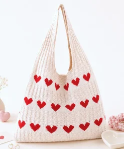 Handmade Knit Heart Pattern Tote Bag